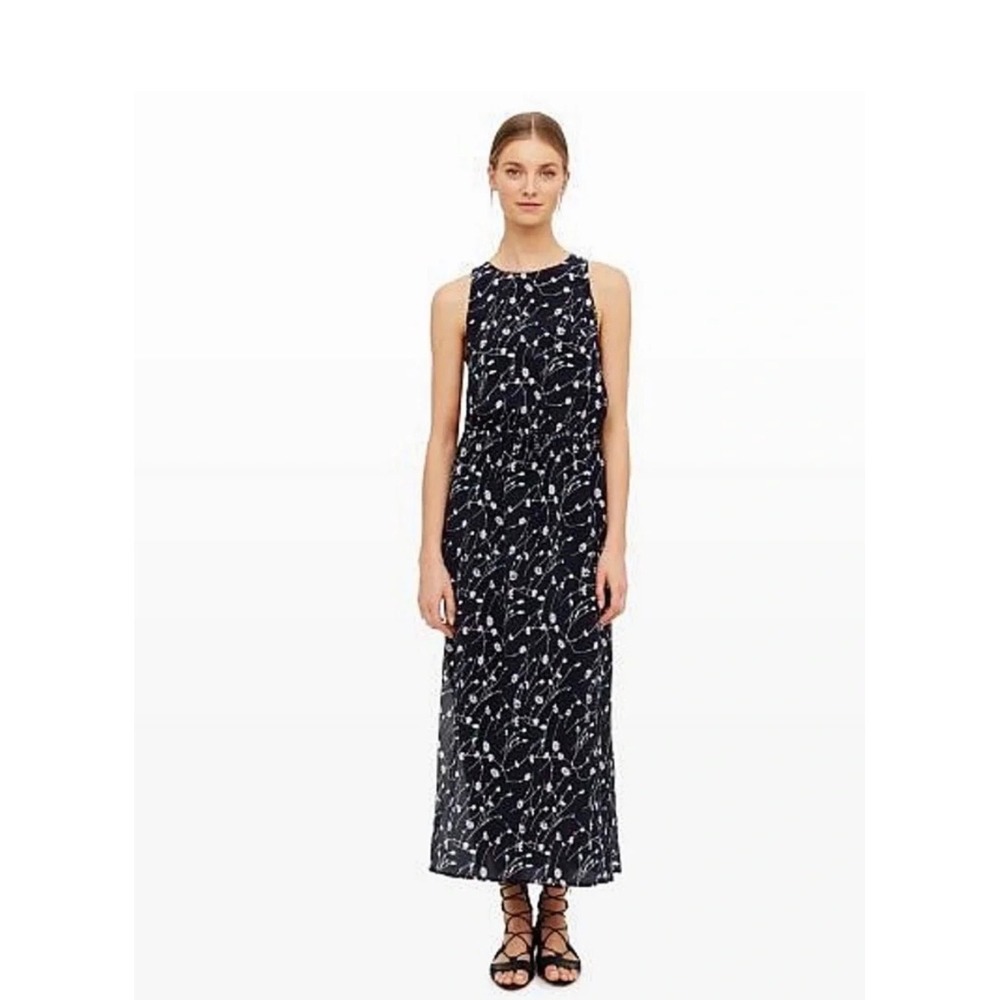 Club Monaco Navy Blue Floral 100% Silk Sleeveless Maxi Dress Size 2 Garden Party